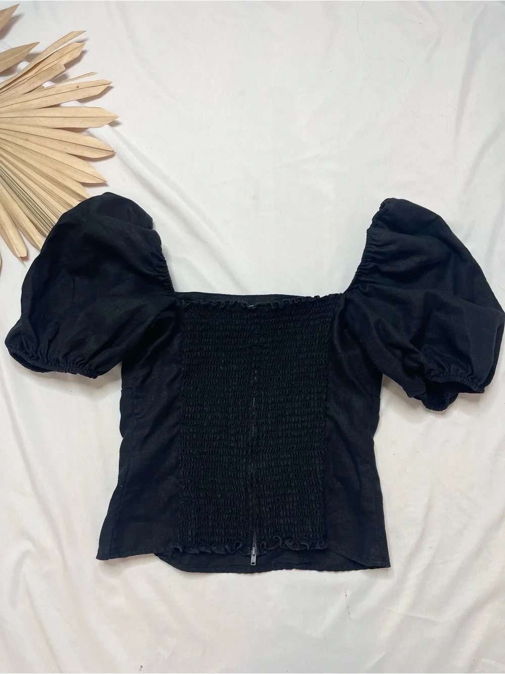 Reformation Arancini Black 100% Linen Square Neck Puff Sleeve Blouse Top Size 8